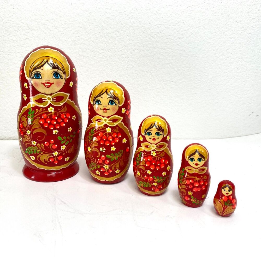 Russian Nesting Dolls Red Gold Hand Painted Family of 5 Matryoshka Blue Eyes